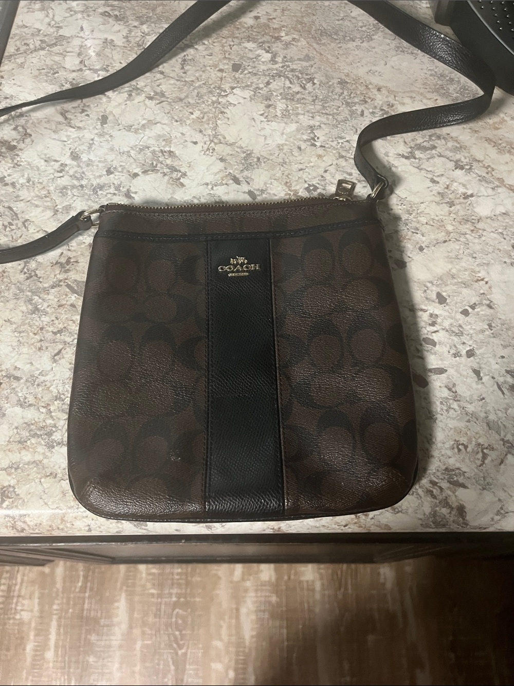 Coach Brown Signature Crossbody with Black Center Stripe